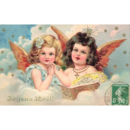 n°26935 - Carte Gaufrée - serie 6967 - Joyeux Noël - Deux anges dans les nuages, lisant