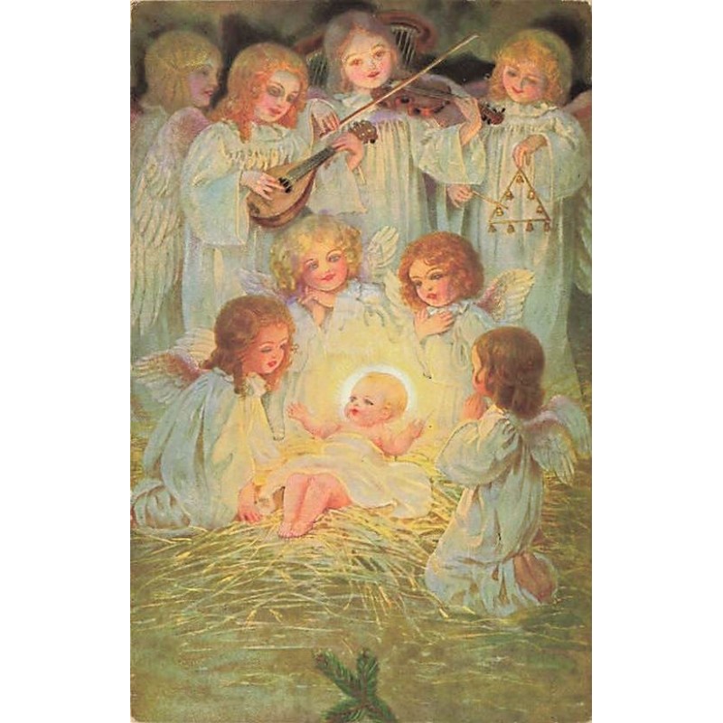 n°26937 - Gnadenreiche Weihnachten - Anges autour d'un bébé - Scène de la nativité