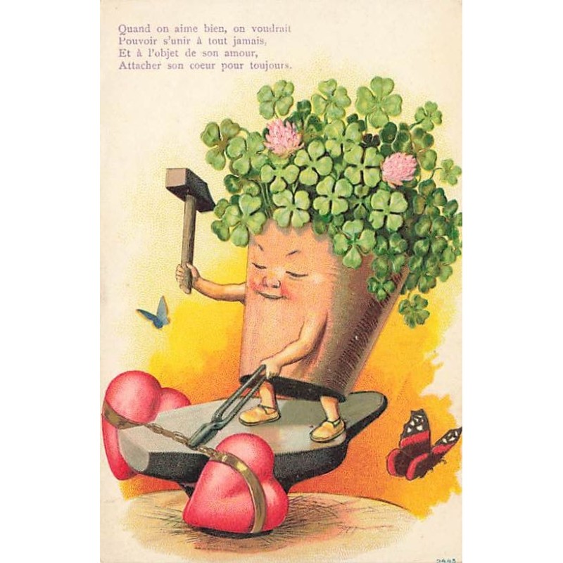 n°26940 - Carte Gaufrée - Quand on aime bien ... - Pot humanisé forgeant des coeurs - Papillons - Trèfle