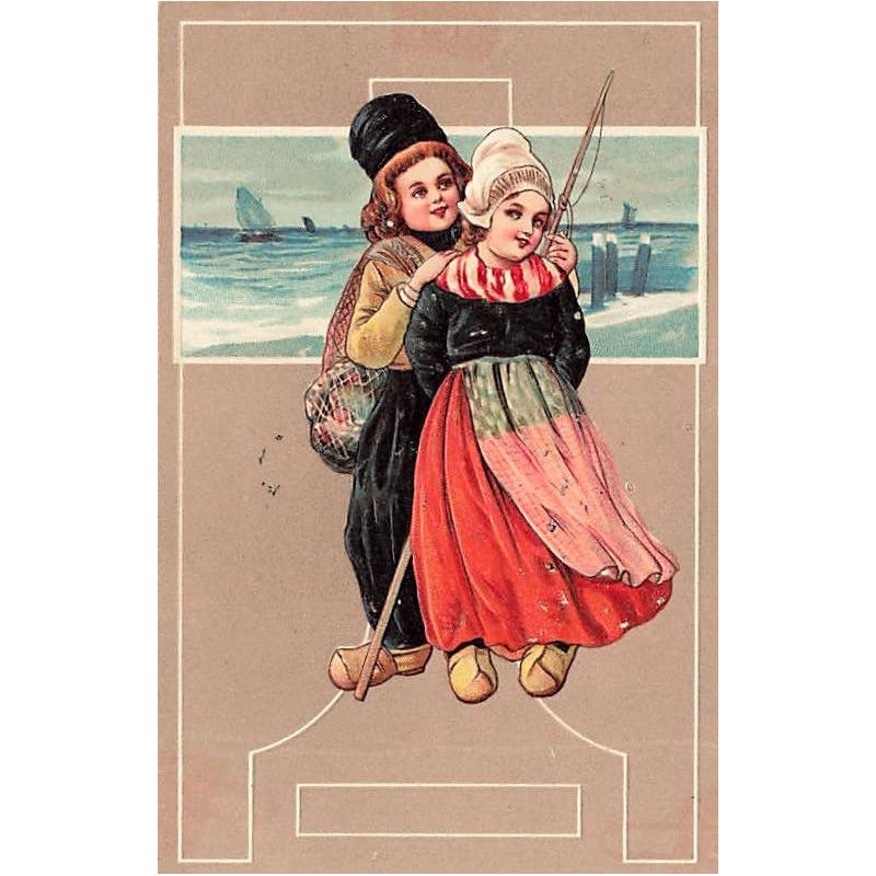 n°26944 - Carte Gaufrée - serie 8624 - Jeune couple hollandais au bord de la mer - Canne à pêche