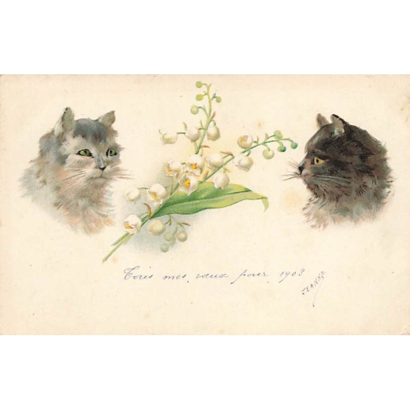 n°26948 - Animaux - Chats regardant du muguet
