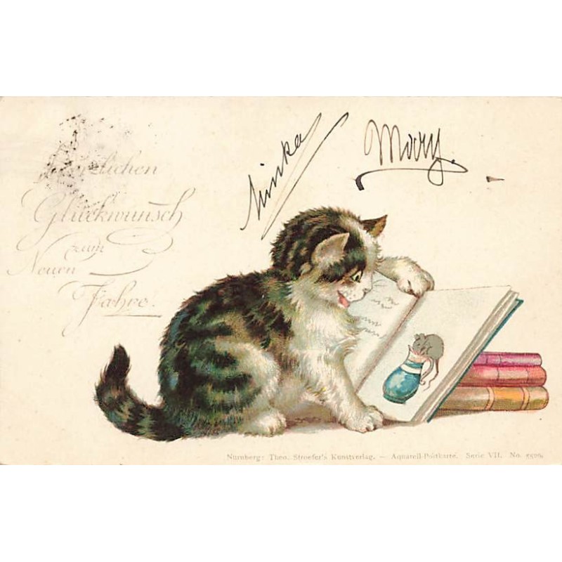 n°26949 - Animaux habillés - Style Wain - Série VII n°5520 - Chat regardant le dessin d'une souris dans un livre
