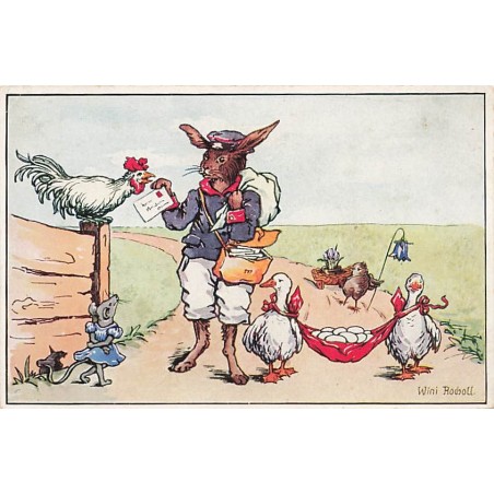 n°26952 - Wini Rocholl - Lièvre habillé en facteur distribuant des lettres et des oeufs à l'aide d'oies