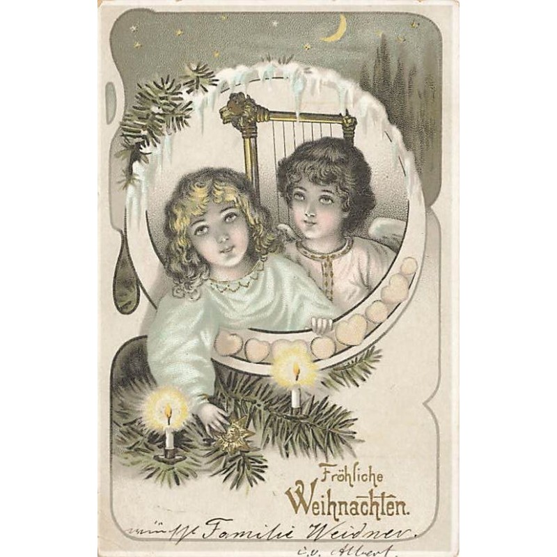 n°26956 - Noël - Fröhliche Weihnachten - Deux anges dans un médaillon