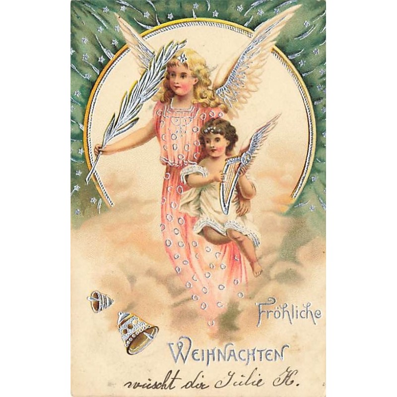 n°26957- Carte Gaufrée - Noël - Fröhliche Weihnachten - Deux anges l'un tenant une plume, et autre une lyre