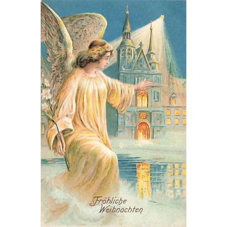 n°26962 - Carte Gaufrée - Noël - Fröhliche Weihnachten - Ange Gardien veillant sur une église