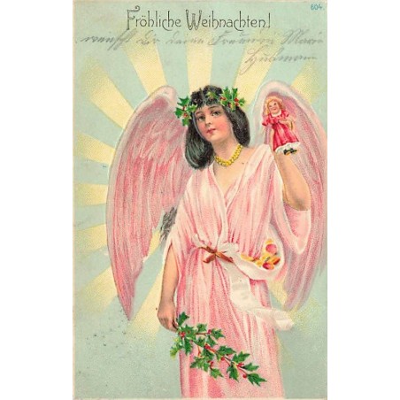 n°26963 - Carte Gaufrée - Noël - Fröhliche Weihnachten - Ange Gardien tenant une poupée