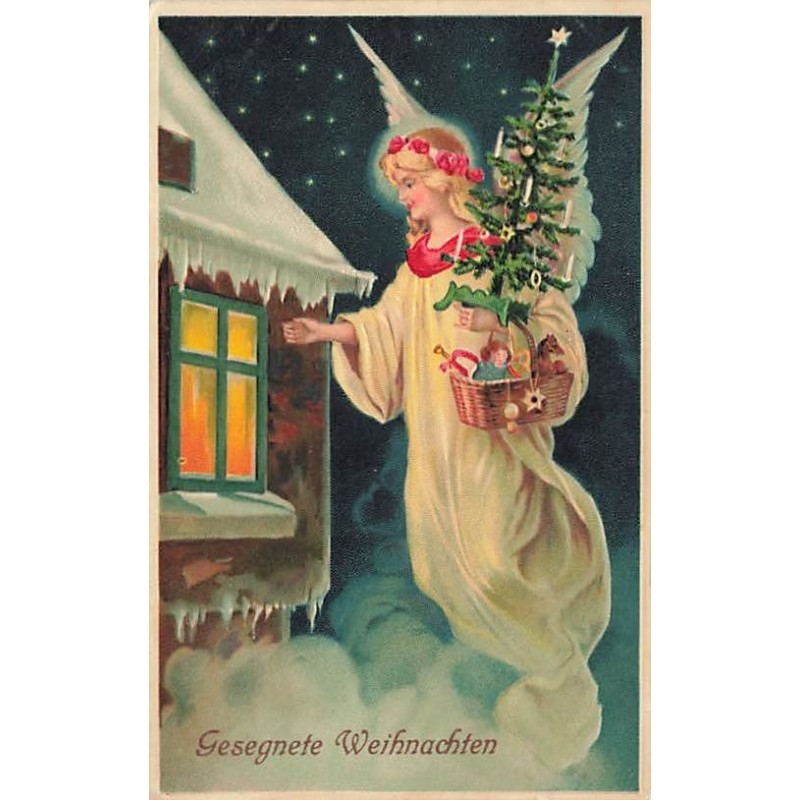 n°26965 - Carte Gaufrée - Noël - Gesegnete Weihnachten - Ange gardien apportant un sapin décoré et des cadeaux