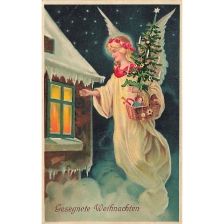 n°26965 - Carte Gaufrée - Noël - Gesegnete Weihnachten - Ange gardien apportant un sapin décoré et des cadeaux