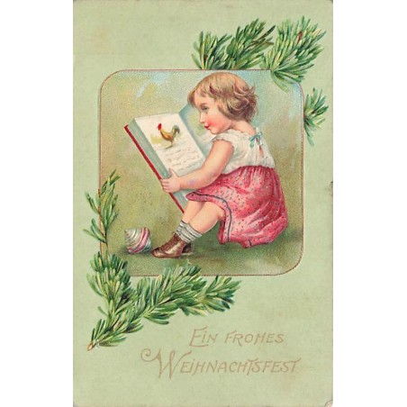 n°26966 - Carte Gaufrée - Noël - Ein frohes Weihnachtsfest - Fillette lisant un livre