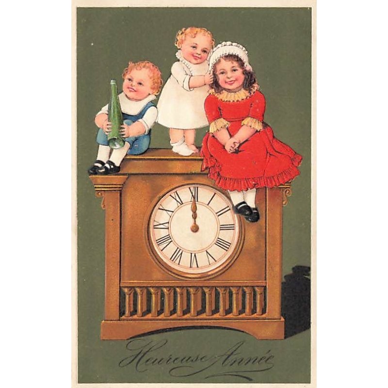 n°26971 - Carte Gaufrée - Flatscher - Heureuse Année - Enfants assis sur une pendule