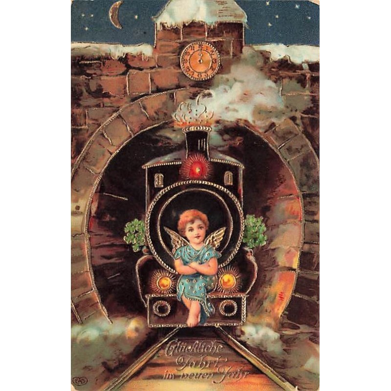 n°26974 - Carte Gaufrée - Nouvel An - Ange assis sur une locomotive sortant d'un tunnel - train