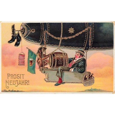 n°26977 - Nouvel An - Prosit Neujahr - Homme et singe dans la nacelle d'un dirigeable