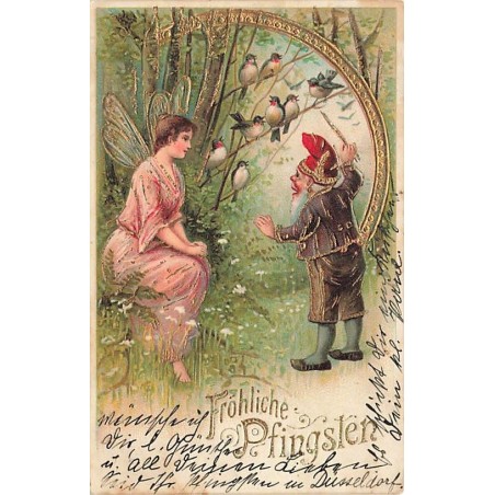 n°26980 - Carte Gaufrée - Fröhliche Pfingsten - Nain faisant chanter des oiseaux pour une fée, sylphide