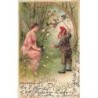 n°26980 - Carte Gaufrée - Fröhliche Pfingsten - Nain faisant chanter des oiseaux pour une fée, sylphide