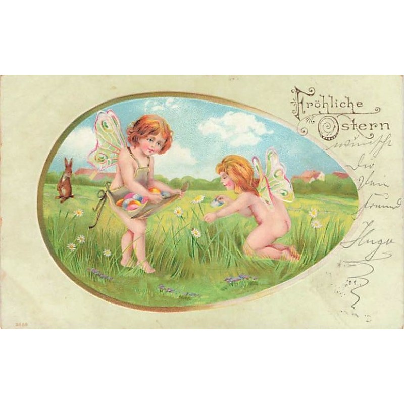 n°26983 - Carte Gaufrée - Pâques - Fröhliche Ostern - Anges, fées avec des ailes ramassant des oeufs