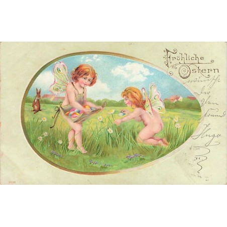 n°26983 - Carte Gaufrée - Pâques - Fröhliche Ostern - Anges, fées avec des ailes ramassant des oeufs