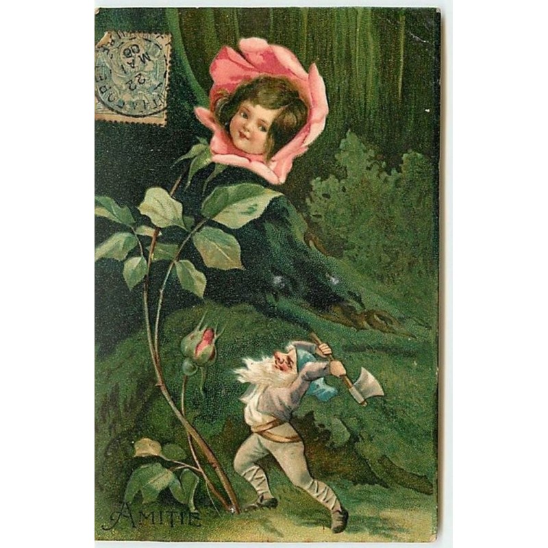 n°12949 - Carte Gaufrée - Amitié - Lutin avec une hache voulant couper une rose avec une tête d'enfant