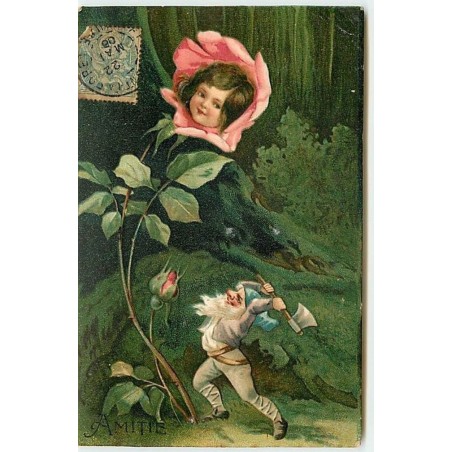 n°12949 - Carte Gaufrée - Amitié - Lutin avec une hache voulant couper une rose avec une tête d'enfant