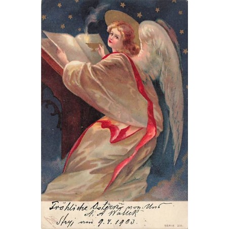 n°26990 - Clapsaddle - Un Ange Gardien lisant à l'aide d'une lampe à huile