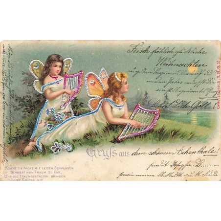 n°26993 - Carte Gaufrée - Fées, sylphides jouant de la musique avec des lyres
