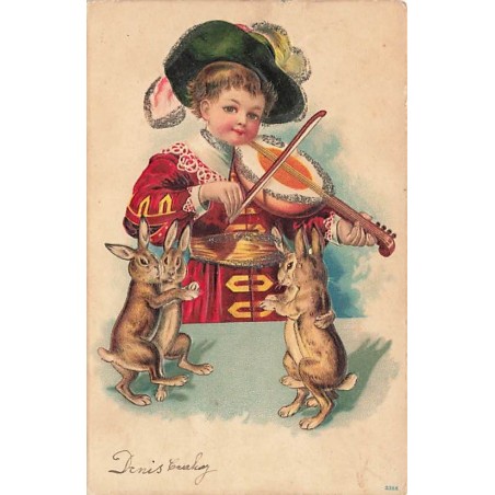 n°26994 - Carte Gaufrée avec paillettes - Clapsaddle ? - Garçon jouant du violon pour des lapins dansant