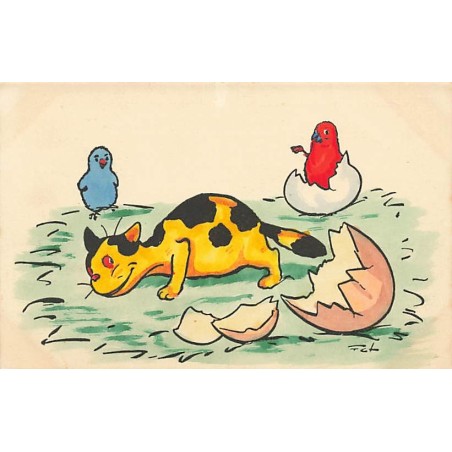 n°26995 - Animaux - Lewin - Chat sortant d'un oeuf sous le regard de poussins