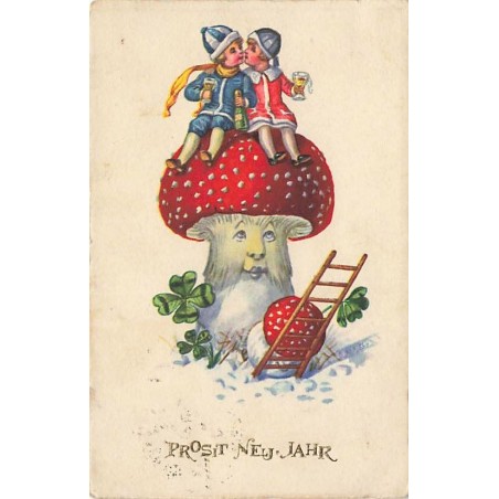 n°26999 - Fantaisie - Prosit Neujahr - Jeune couple s'embrassant assis sur un champignon humanisé
