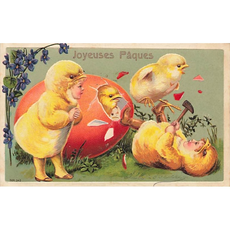 n°27010 - Carte Gaufrée - Joyeuses Pâques - Enfants déguisés en poussins jouant avec des poussins