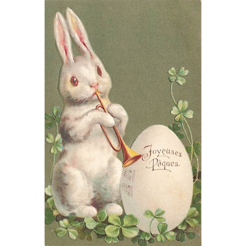 n°27011 - Carte Gaufrée - Clapsaddle - Joyeuses Pâques - Lapin jouant de la trompette près d'un oeuf