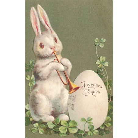 n°27011 - Carte Gaufrée - Clapsaddle - Joyeuses Pâques - Lapin jouant de la trompette près d'un oeuf