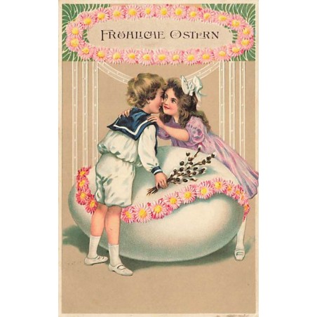 n°27012 - Carte Gaufrée - Fröhliche Ostern - Enfants s'embrassant au-dessus d'un oeuf