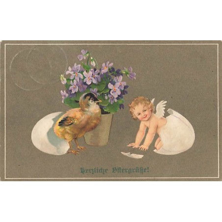 n°27015 - MM Vienne n°949 - Flatscher - Herzliche Oftergrüss - Ange et poussin sortant d'un oeuf - violettes