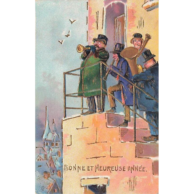 n°27016 - Carte Gaufrée - Bonne et Heureuse Année - Hommes jouant de la musique en haut d'un escalier