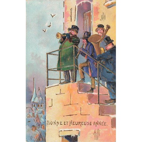 n°27016 - Carte Gaufrée - Bonne et Heureuse Année - Hommes jouant de la musique en haut d'un escalier