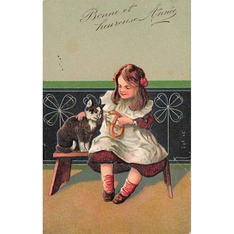 n°27017 - Carte Gaufrée - n°6126 - Bonne et Heureuse Année - Fillette tenant un bretzel près d'un chat