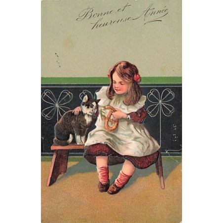 n°27017 - Carte Gaufrée - n°6126 - Bonne et Heureuse Année - Fillette tenant un bretzel près d'un chat