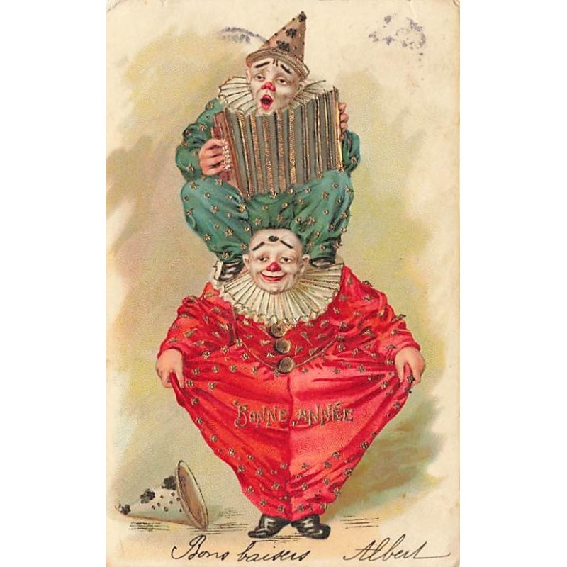 n°27018 - Carte Gaufrée - Nouvel An - Bonne Année - Deux clowns, l'un jouant de l'accordéon