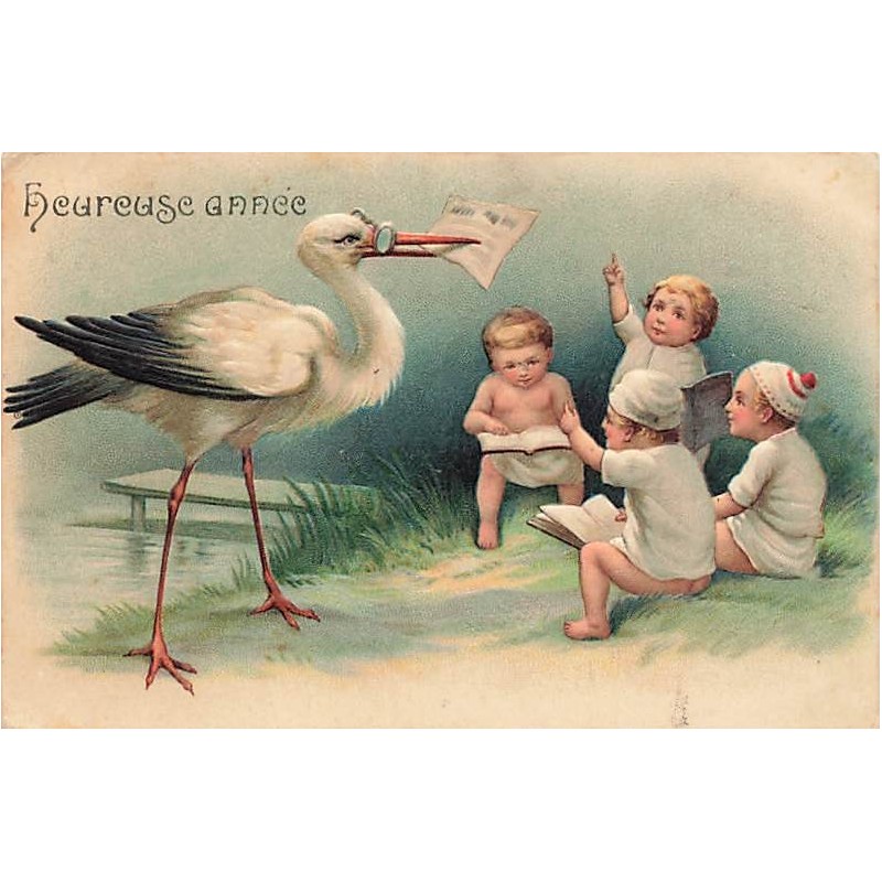 n°27019 - Carte Gaufrée - Heureuse Année - Une cigogne près de bébés lisant