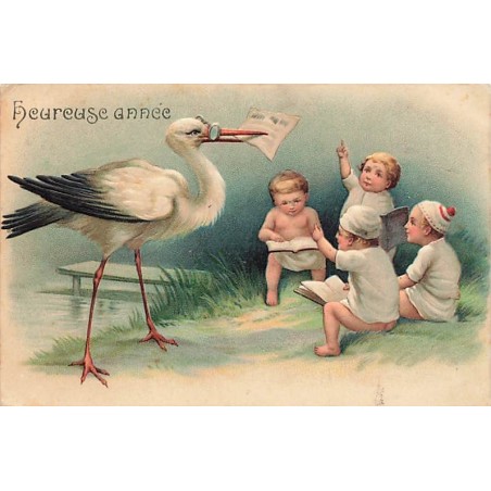 n°27019 - Carte Gaufrée - Heureuse Année - Une cigogne près de bébés lisant