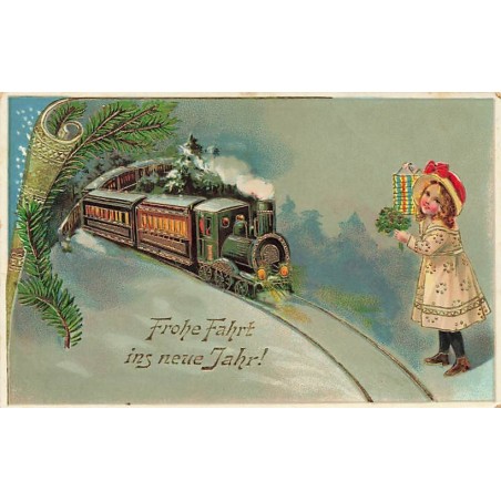 n°27022 - Carte Gaufrée - Fröhe Fahrt ins neue Jahr - Fillette tenant un lampion près d'un train
