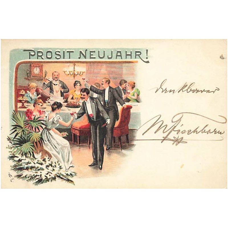 n°27024 - Nouvel An - Prosit Neujahr - W.E. - Hommes et femmes trinquant lors d'un dîner