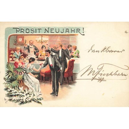 n°27024 - Nouvel An - Prosit Neujahr - W.E. - Hommes et femmes trinquant lors d'un dîner