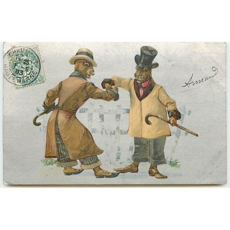 n°12957 - Lapins habillés se saluant