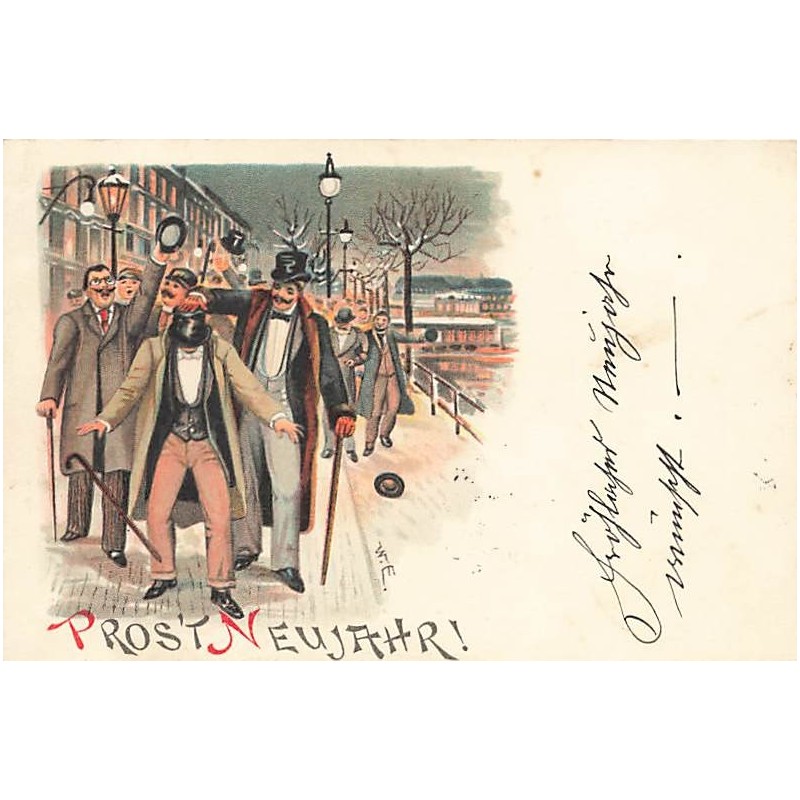 n°27025 - Nouvel An - Prosit Neujahr - W.E. - Hommes marchant dans une rue