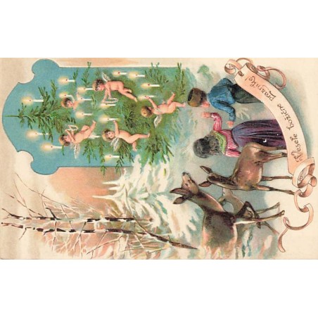 n°27034 - Carte Gaufrée - Noël - Vesele bozicne praznike - Enfants et faons regardans des anges décorant un sapin