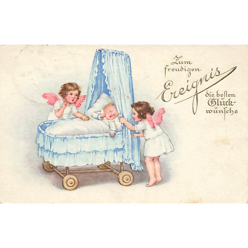 n°27037 - Naissance - Anges veillant sur un bébé dormant