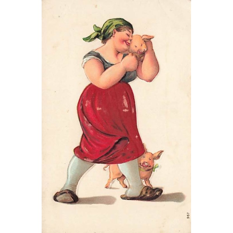 n°27040 - Carte Gaufrée - Fantaisie - Femme câlinant des cochons