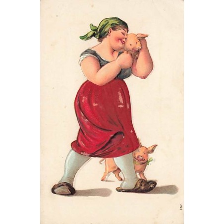 n°27040 - Carte Gaufrée - Fantaisie - Femme câlinant des cochons