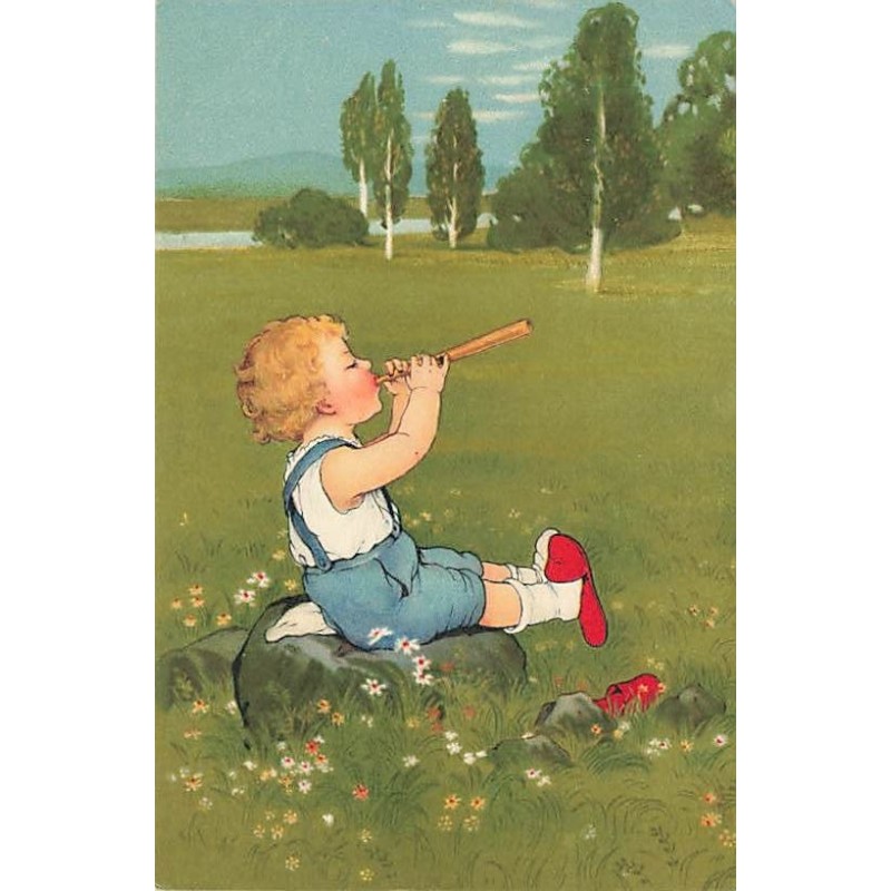 n°27041 - Fantaisie - Flatscher - Enfant jouant de la flûte assis sur une pierre au milieu d'un pré